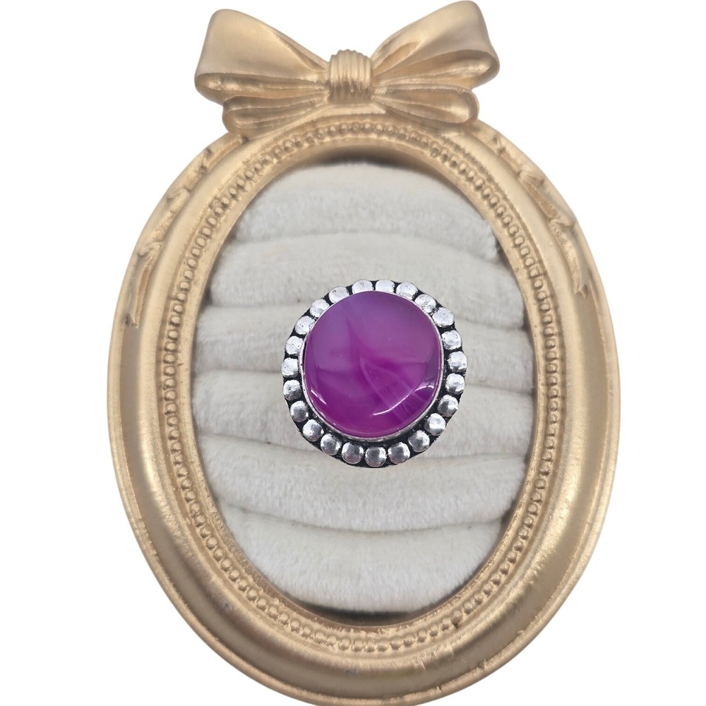 Womens Statement Ring Beaded Border Banded Agate Cabochon Purple Size 10